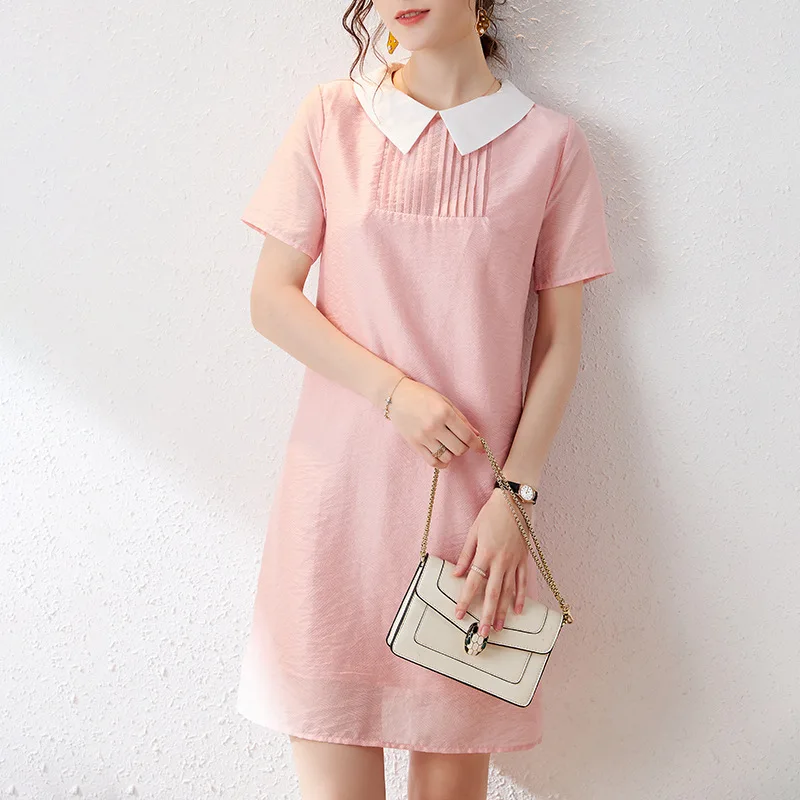 

Kawaii Cute Pink Silk Midi Dress Summer Short Sleeve Blue Simple Basic A Line Dress Loose Casual Dresses Women 2021 vestidos