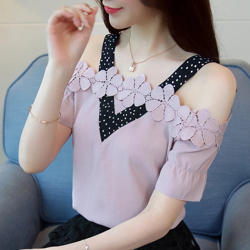 

2021 summer new lace chiffon shirts short sleeved blouses women tops fashion sexy lady slash neck female clothing D584 30