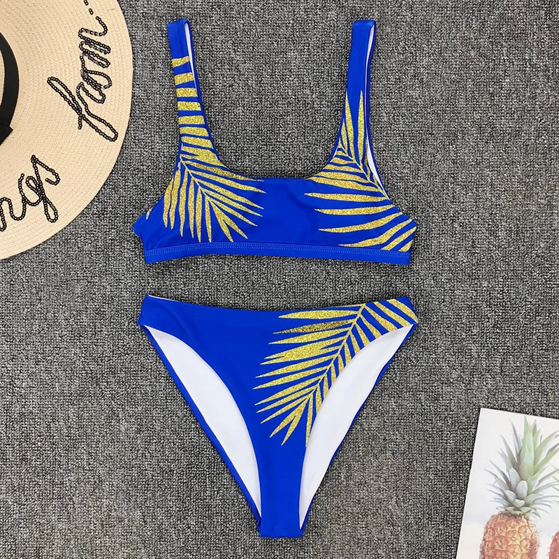 

Tropical Leaves Print Bikini Set Women Swimsuit Sexy Scoop Neck Swimwear Brazilian Summer Bather Bathing Suit Biquini Female