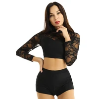 women two piece dancewear round neck lace long sleeve ballet gymnastics shorts with crop tops set adult dance costume outfit