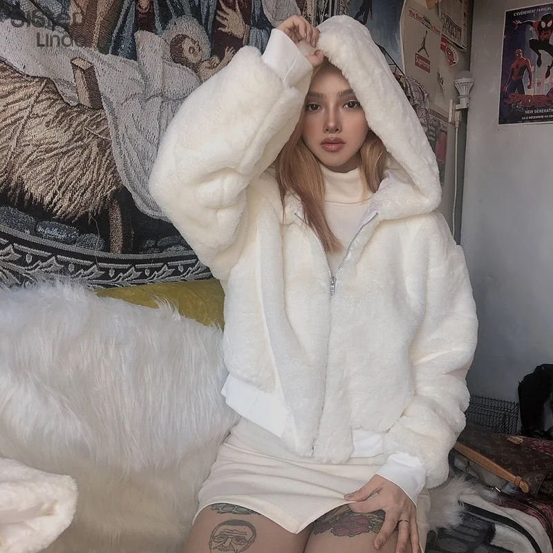 

European and American Women's Coat Women's 2021 New Solid Color Long-sleeved Zipper with Hood Plush Loose Women's Coat Women