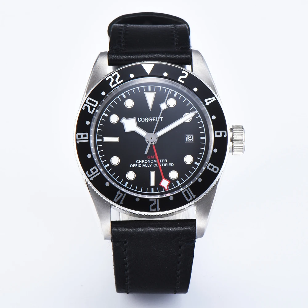 Мужские часы Corgeut 41 мм GMT с автоматической черной рамкой сапфировое стекло SS