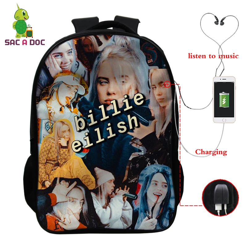Многоцветный Billie Eilish рюкзак, школьные сумки, 16 дюймов, Детские рюкзаки, детский рюкзак для девочек, рюкзак для путешествий, рюкзак с USB зарядкой - Цвет: Многоцветный