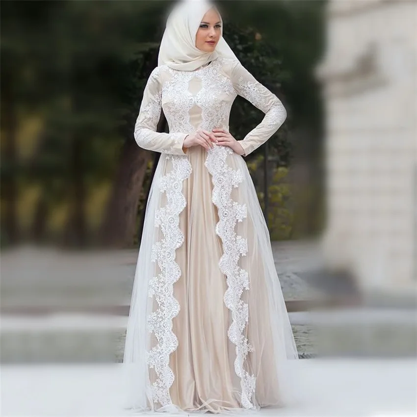 2020 Champagne Muslim Wedding Dress Long Sleeves Applique Bridal Dress vestidos de noiva Casamento Wedding Gown robe de marie