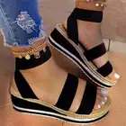 Босоножки женские туфли на танкетке на платформе карамельных Цвет Дамская обувь из пенькового волокна текстильной женская летняя повседневная обувь без застежки; Обувь с поперечным Ремешком для девочек, большие размеры