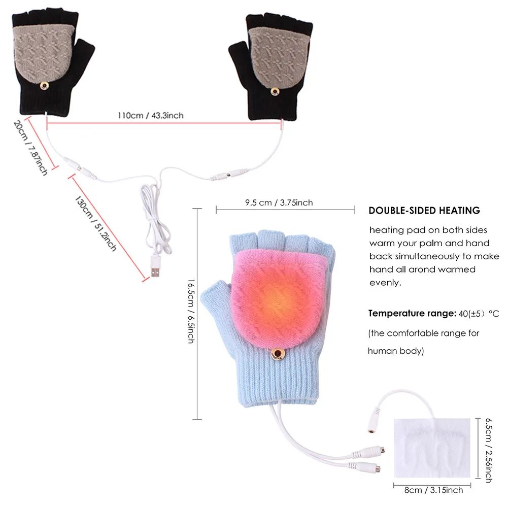 

Women Men Camping Laptop Mitten Knitting Skiing Travel USB Heated Gloves Winter Hands Warm Outdoor Portable Fingerless Washable