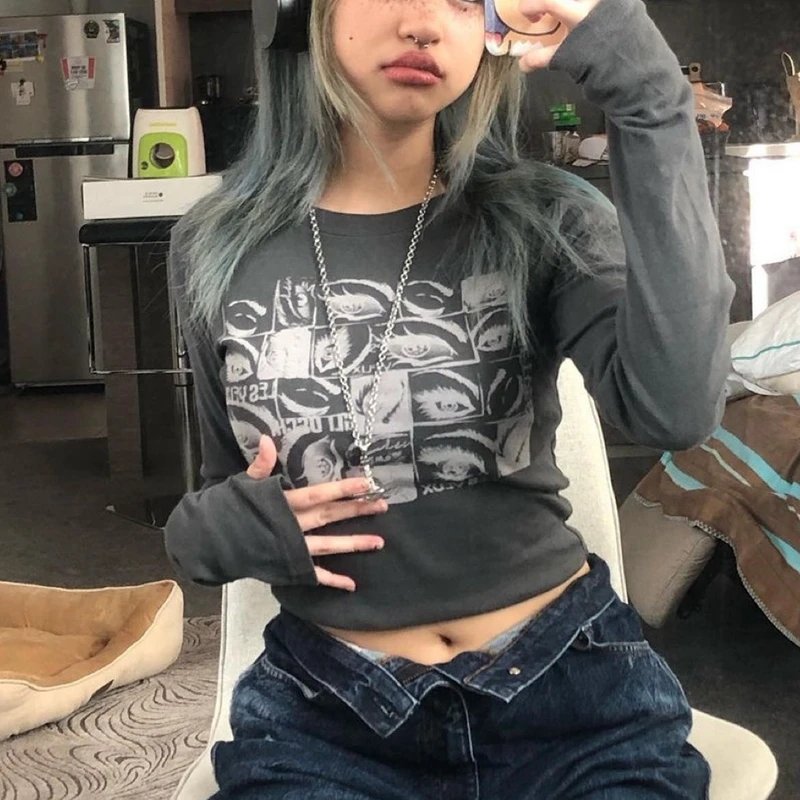 

Женский Готический укороченный топ Y2k, в стиле гранж, футболка в стиле Харадзюку с графическим принтом, пуловеры с длинным рукавом, футболки, женская весенняя одежда, уличная одежда