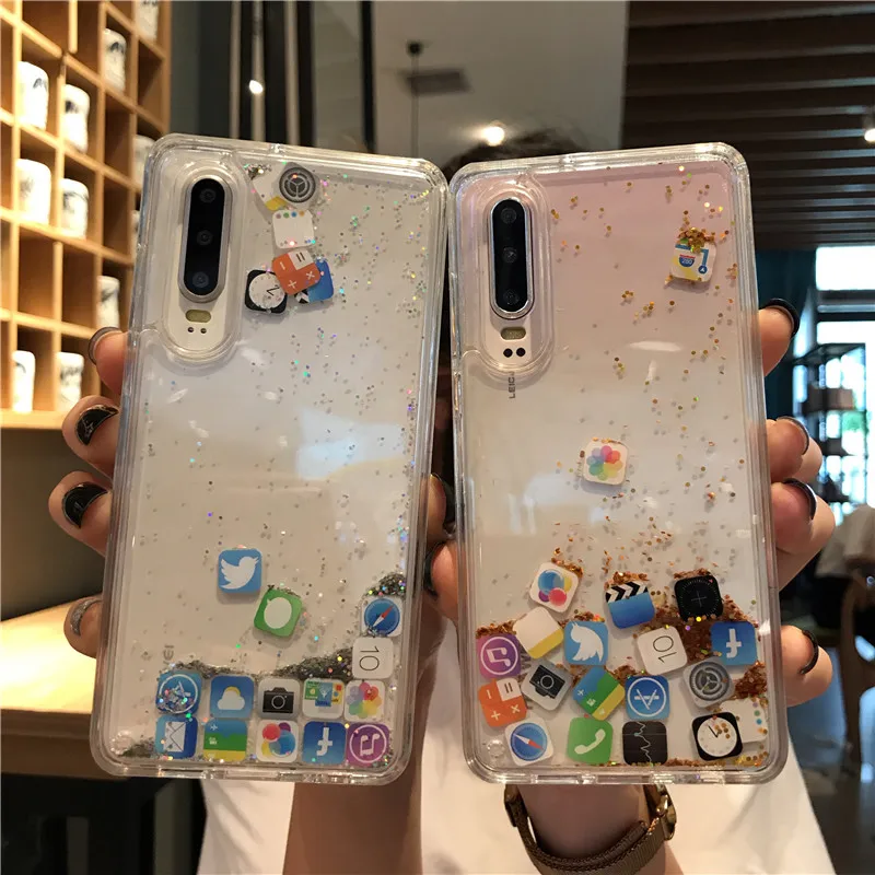 Quicksand Shell Cute APP Icon Coque For Huawei P20 P30 Pro Lite Nova 3 4 5 Honor V20 Liquid Hard PC Phone Case Transparent Cover |
