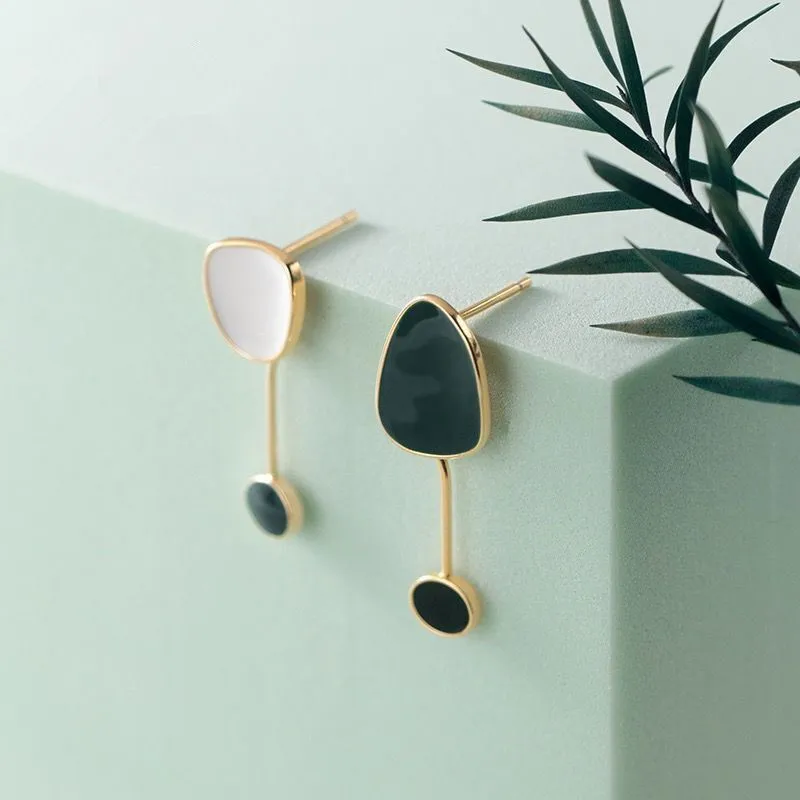 

925 Silver Girls Delicate Irregular Geometric Earrings Women Luxury Green White Asymmetric Design Korean Style Chic Earrings