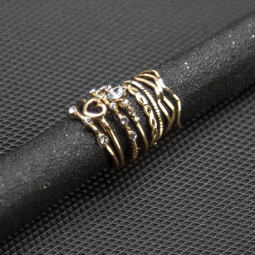 

Bohemian Trendy Gold Color Crystal Rings Set for Woman Gothic Letter Heart Charm Knuckle Ring Female Fashion Boho Jewelry Gift