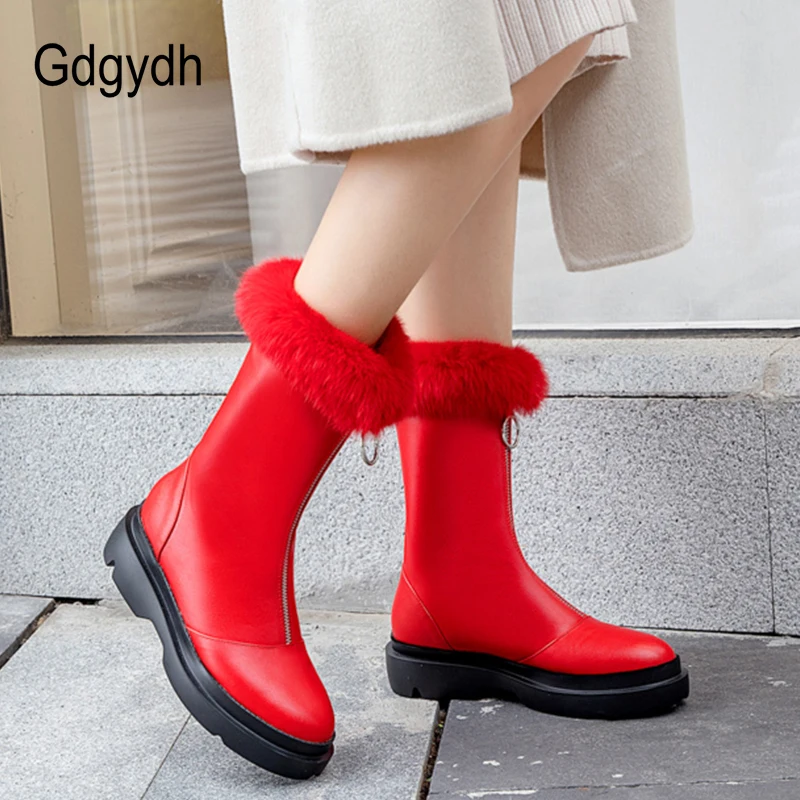 Gdgydh Long Plush Inside Leather PU Snow Boots Plush Boots Women Warm Natural Fur Winter Boots Female With Zipper High Quality