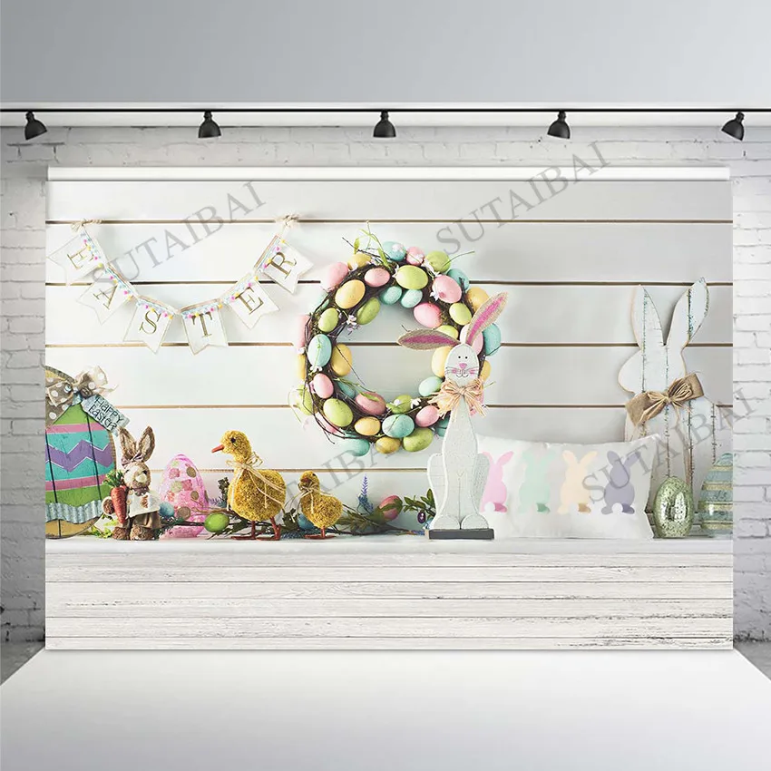 

Easter Backdrops Gray Wooden Floor Eggs Chick Rabbit Wreath Baby Shower Party Portrait Photography Backgrounds For Photo Studio