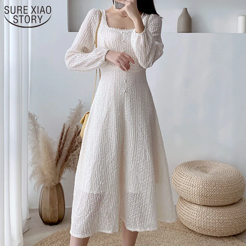 

Puff Sleeve Women Dress Spring High Waist Apricot Party Dress French Style Square Collar With Zipper Sweet Vestidos New 12917