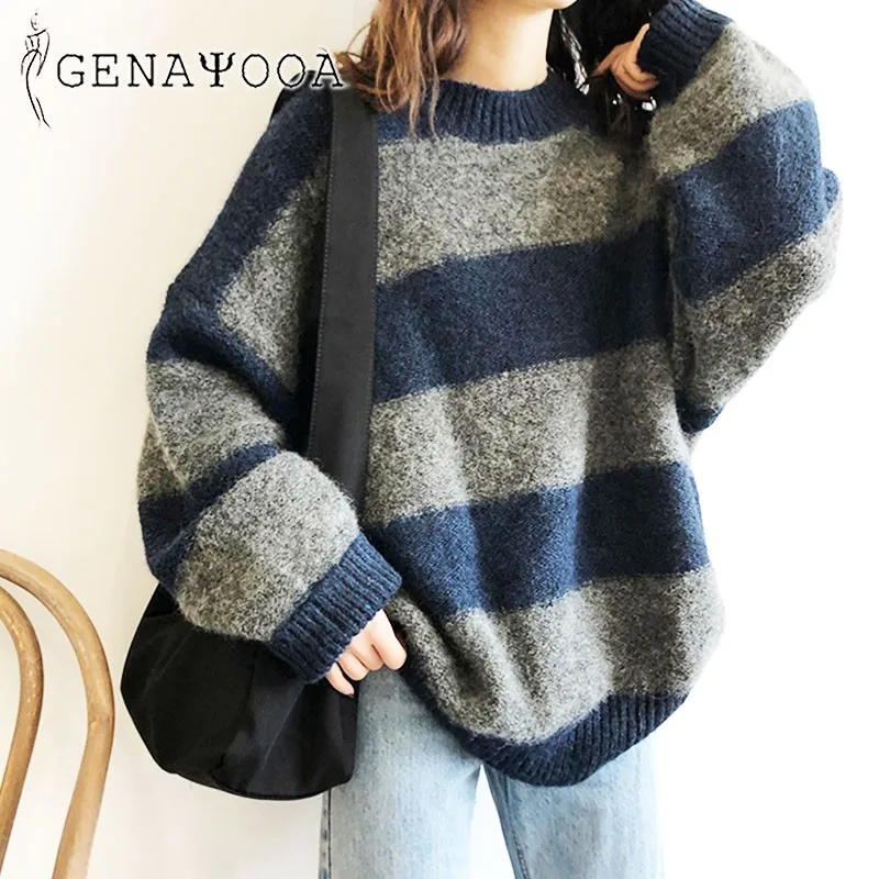 

Genayooa Striped O-Neck Oversize Sweater Women Korean Style 2020 Autumn Winter Pullover Cashmere Jumper Ladies Chic Warm