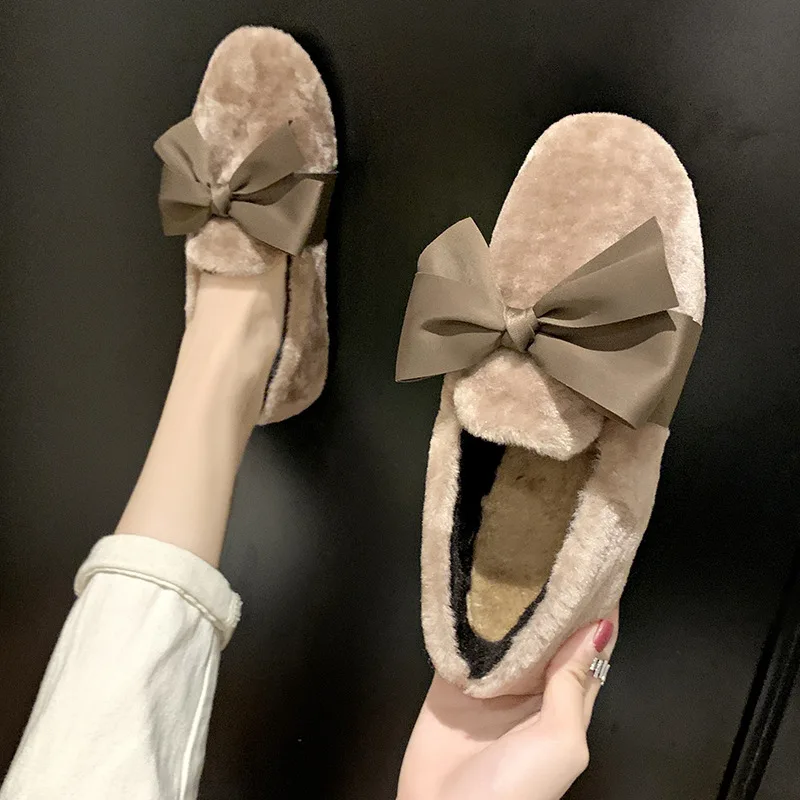 Женская зимняя повседневная обувь на плоской подошве с простым теплым бантом