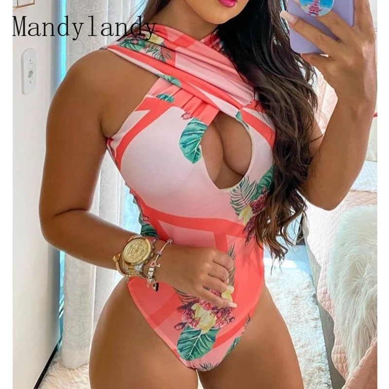 

Цельнокроеный купальный костюм Mandylandy с высоким вырезом, купальный костюм с принтом, с вырезами и лямкой на шее, купальный костюм, пляжная од...