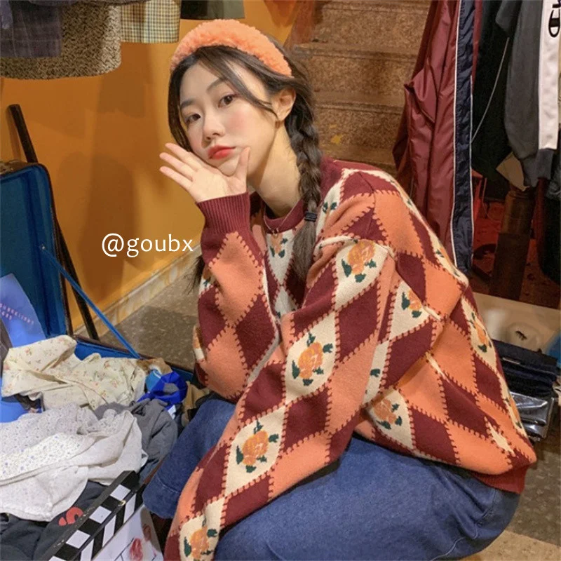 

Женский жаккардовый свитер с ромбовидным узором, свободного покроя