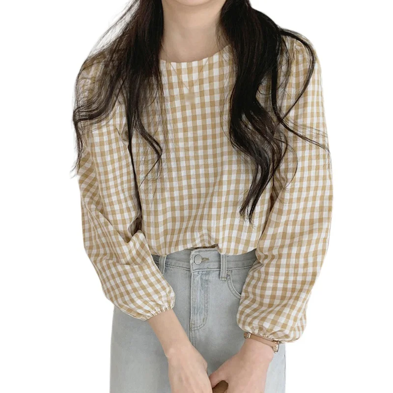 

Autumn Women O-neck Plaid Round Neck Loose Sweet Casual Puff-sleeved Shirt Blouse Fashion New