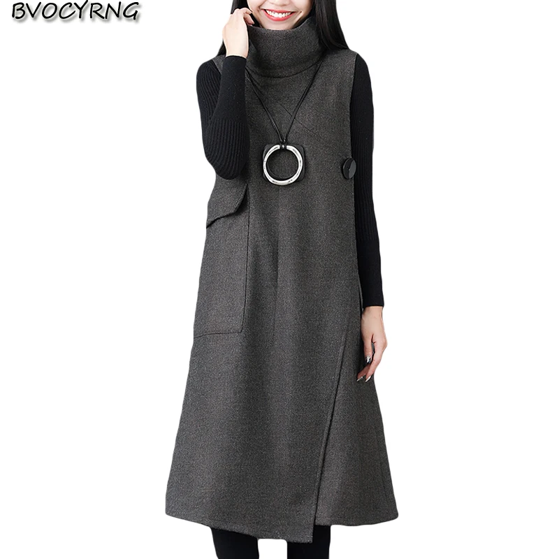 Платье женское длинное свободного покроя модное осенне зимнее платье с высоким