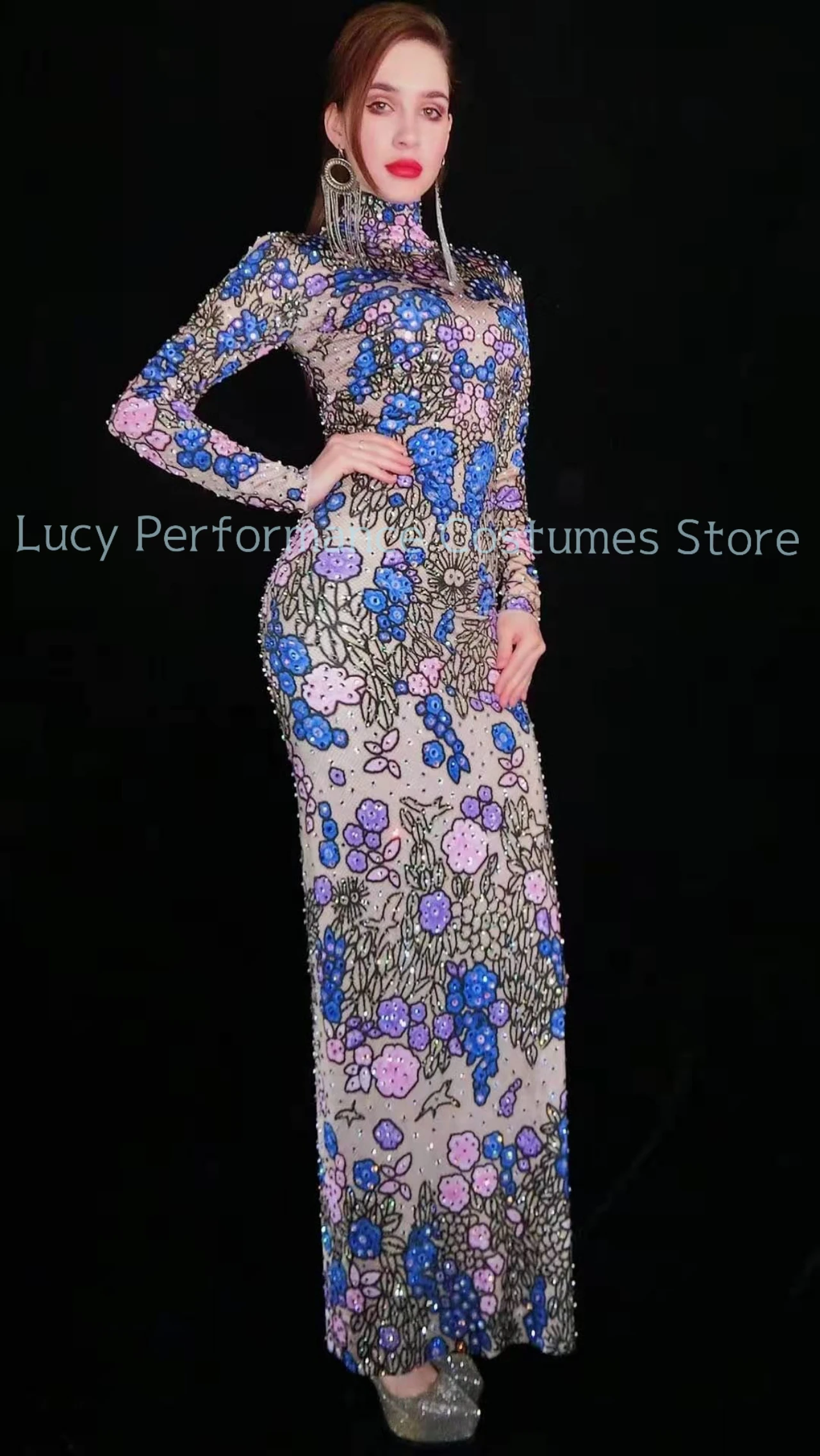 

2021 party dress elegant women's purple flower slim long evening dress party bar model catwalk performance dress