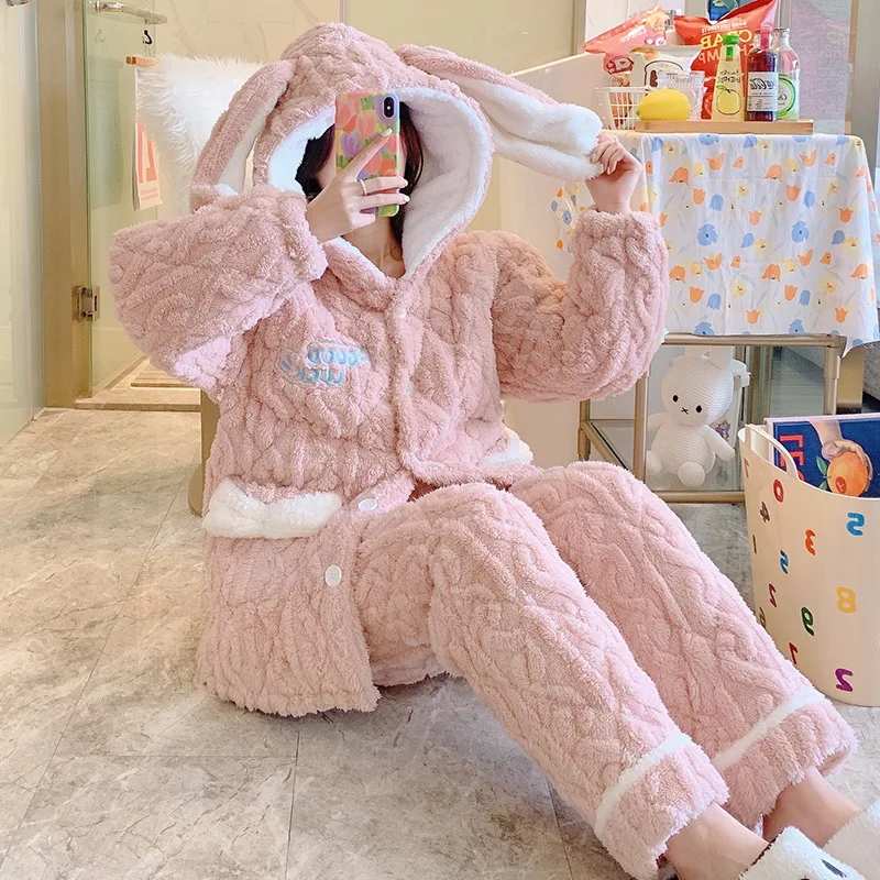 

Зимняя Пижама с хлопковой подкладкой из кораллового флиса, розовый мультяшный женский пижамный комплект, одежда для сна, плотный теплый плю...