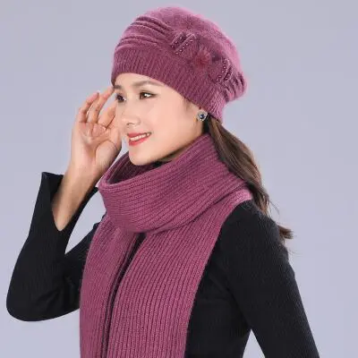 Purple Hat scarf Mother's Nnew Year Gift Rabbit Knit Cap Scarf The Elderly Women's Autumn And Winter Warm Hat Scarf Female Winter Hat Twinset - Цвет: Purple Hat scarf