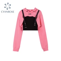 women fashion casual sexy punk goth hoodie long sleeve stylish crop top spring autumn pullover thin sweatshirt pink tracksuit