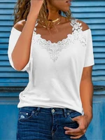 womens 2021 summer sexy off shoulder sling lace patchwork v neck casual elegant tunic t shirt fashion ladies tops