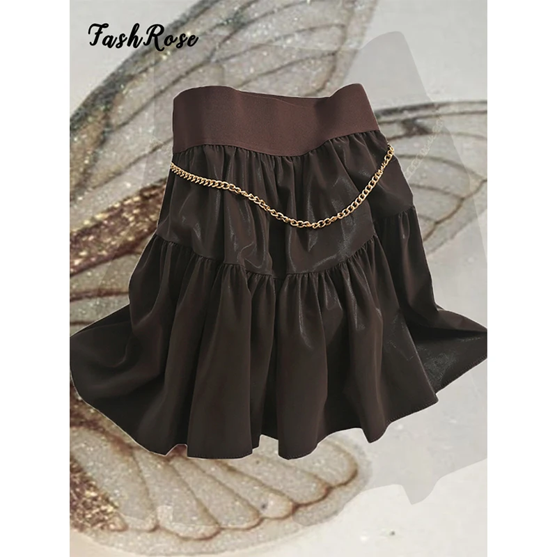 

FASHROSE Ruched Faux PU Leather Retro Mini Skirt Y2K Fairy Grunge Chain Patchwork Korean Style Sweet Women Solid A Line Skirts
