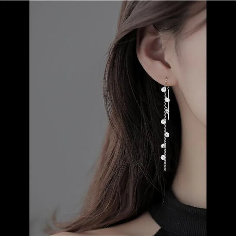 

2022 New Fashion 925 Sterling Silver Long Chain Zircon Bead Drop Earring For Women Girls Wedding Elegant Korean Jewelry eh791