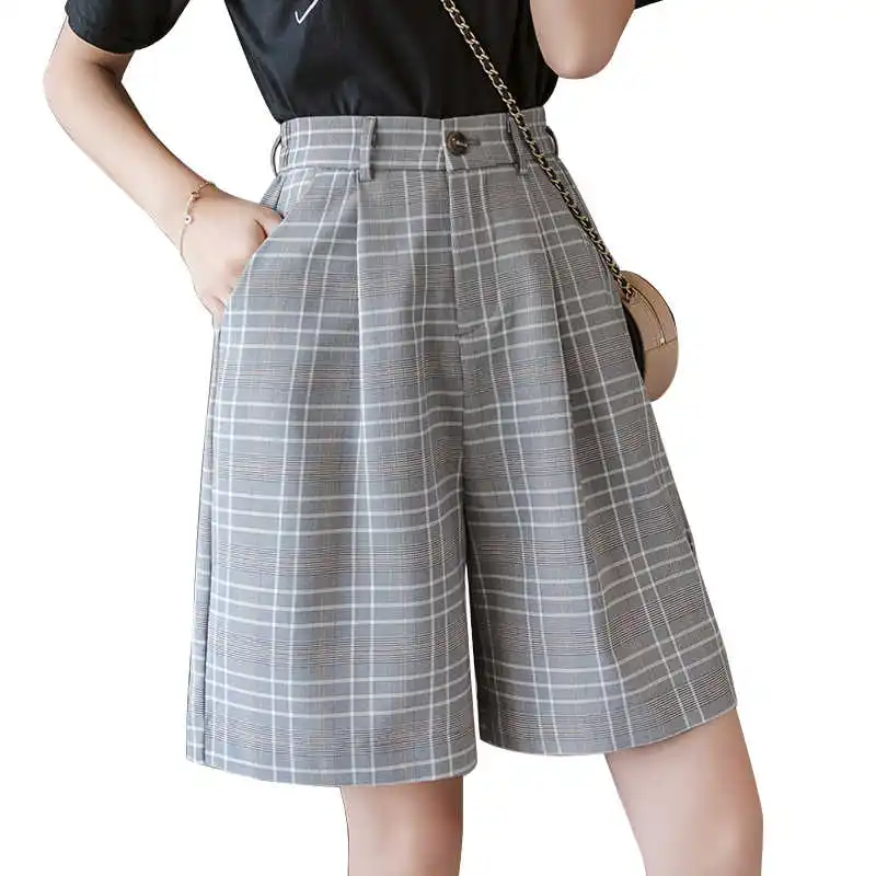 

S-3XL Sashes Booty Shorts High Waist Summer Vintage Plaid Wide Leg Suits Short Women Elegant All Match Straight Belt Shorts Girl