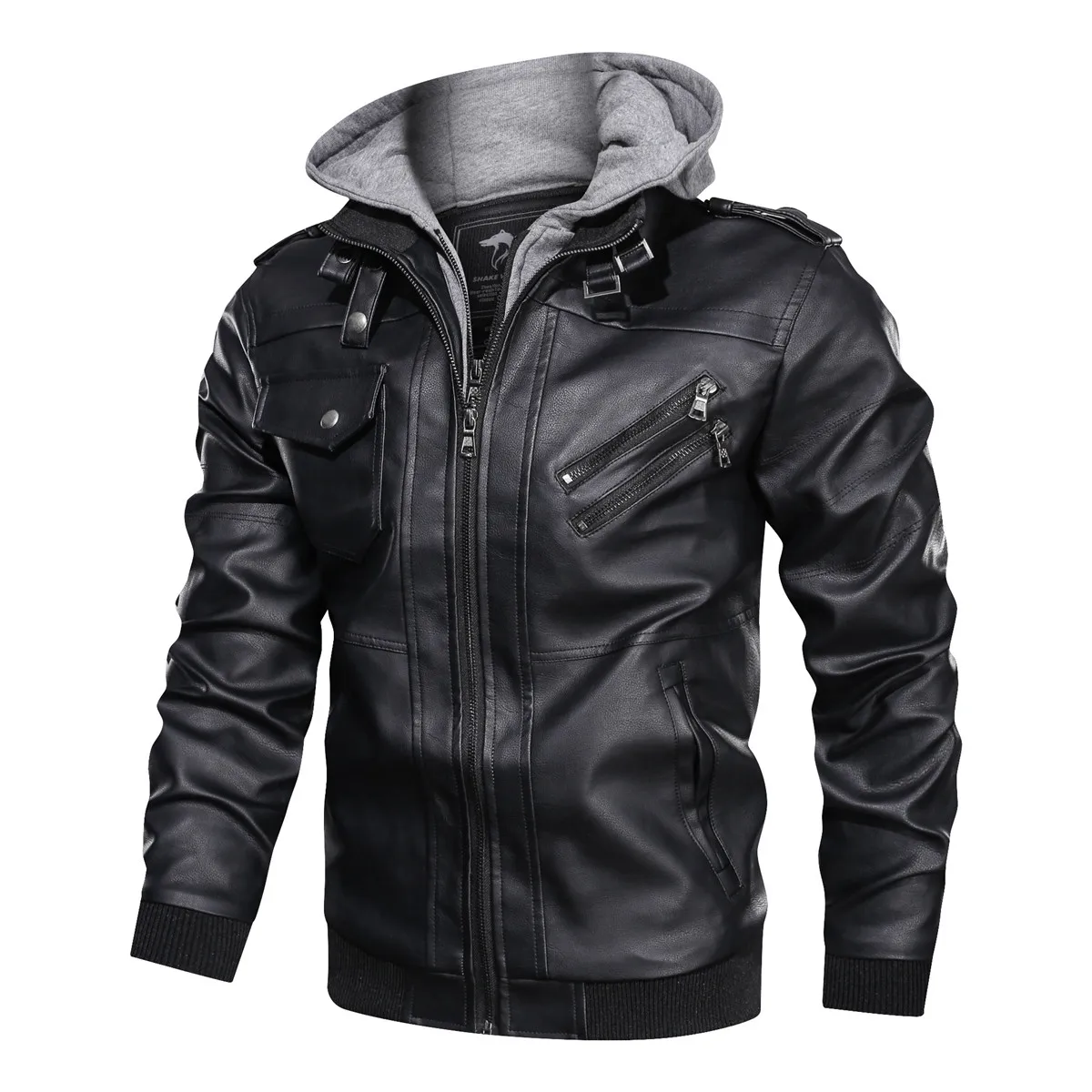 Shanghai Story Men's PU Leather Jacket-Fall Winter Vintage Motorcycle Biker Jacket with Removable Hood