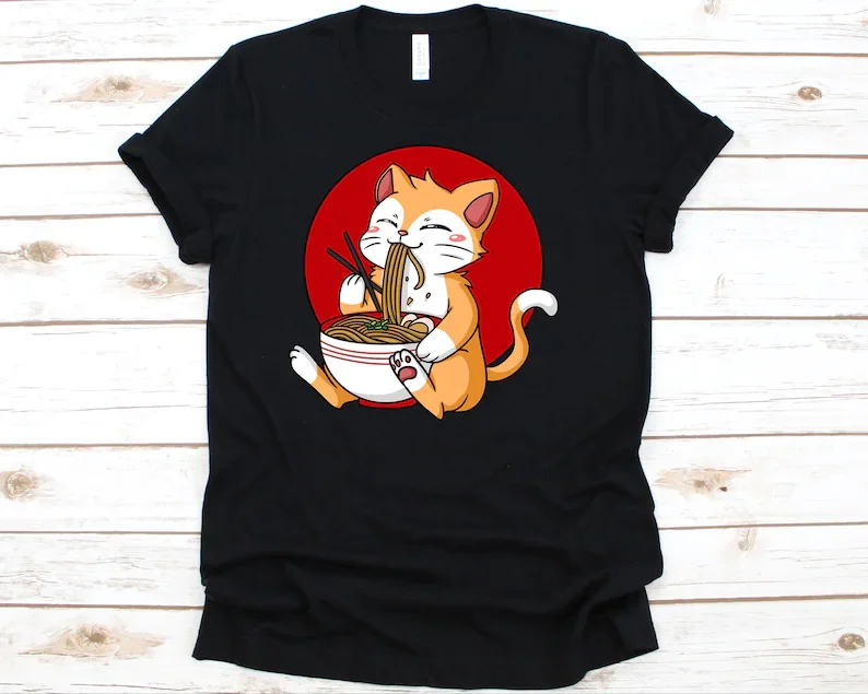 

Рубашка в виде кошки-рамен, лапша, палочка для еды, подарки для любителей рамен, Женская хлопковая эстетичная футболка с коротким рукавом и круглым вырезом, y2k, Прямая поставка