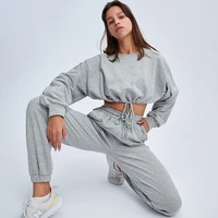 ladies fitness sports loose large size sweater suit long sleeve tops pants casual navel sports two piece suit