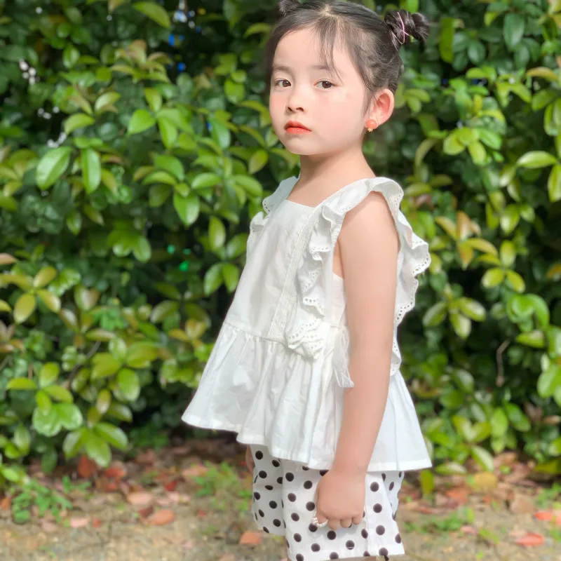 

Summer New Arrival Korean style girl's clothing sets dot shorts pants with vest shirt and blouse for cute sweet baby girls