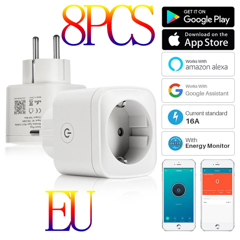 

1PCS/Lot 16A EU Smart Plug WiFi Smart Socket Power Energy Monitoring Timer Switch EU Outlet Voice Control By Alexa Google Home