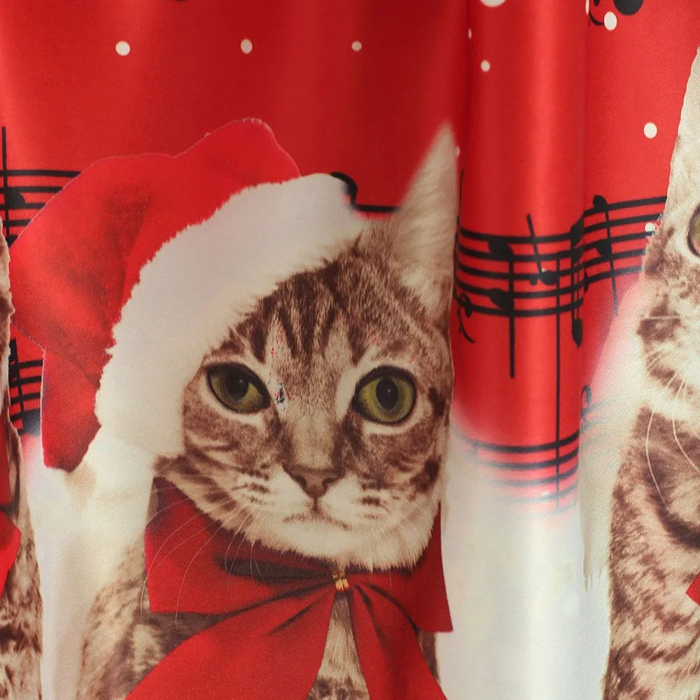 2019 Women Cats Musical Notes Print Christmas Dress V Neck A Line Long Sleeve Vintage Party Vestidos De Fiesta Noche Mujer | Женская