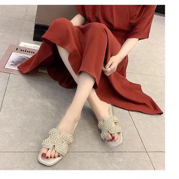 Spring/Summer New Women Slides 2021 Fashion Solid Color Flat Shoes Sandals Pearl Rhinestone Women's All-match Casual Slippers