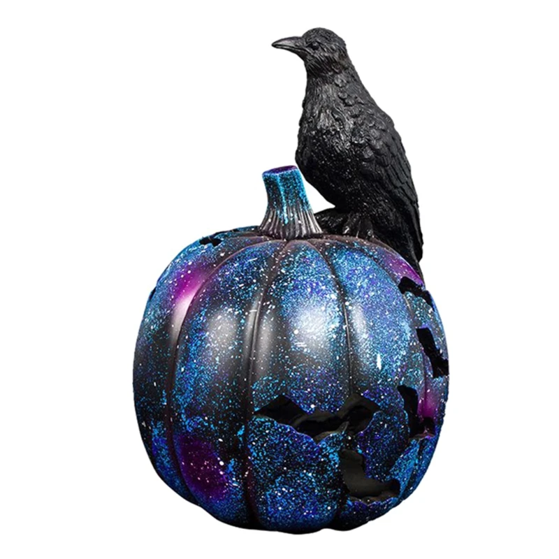 

T84E 3D Hollow Bat Crow Pumpkin Status Night Light Halloween Resin Sculptures Lamp