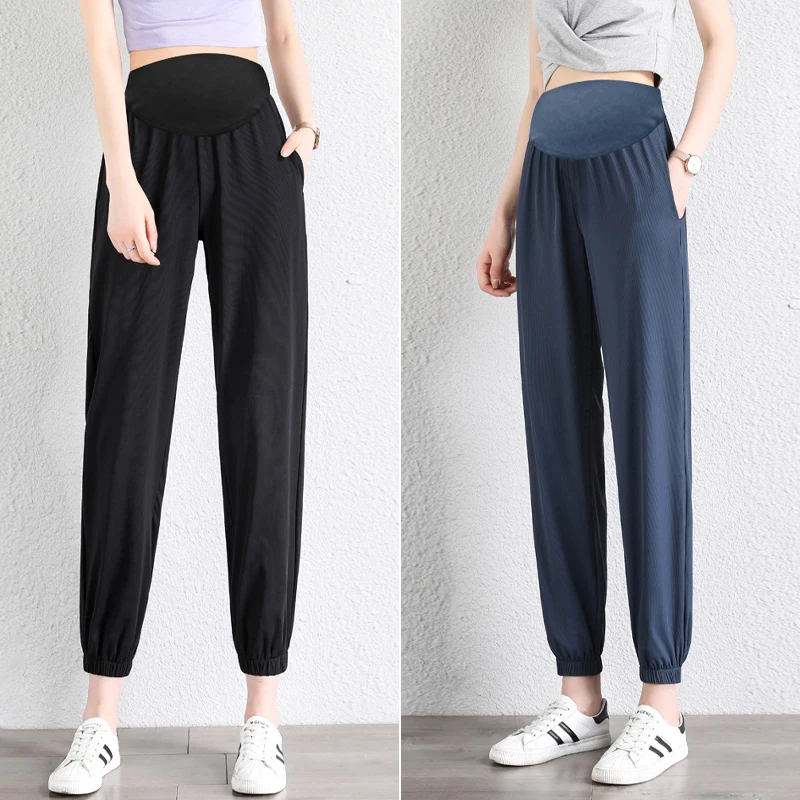 

Pregnant Women's Pants Summer Thin Sports Pants 2021 New Ice Silk With Wide Legs Outside Summer Pants
