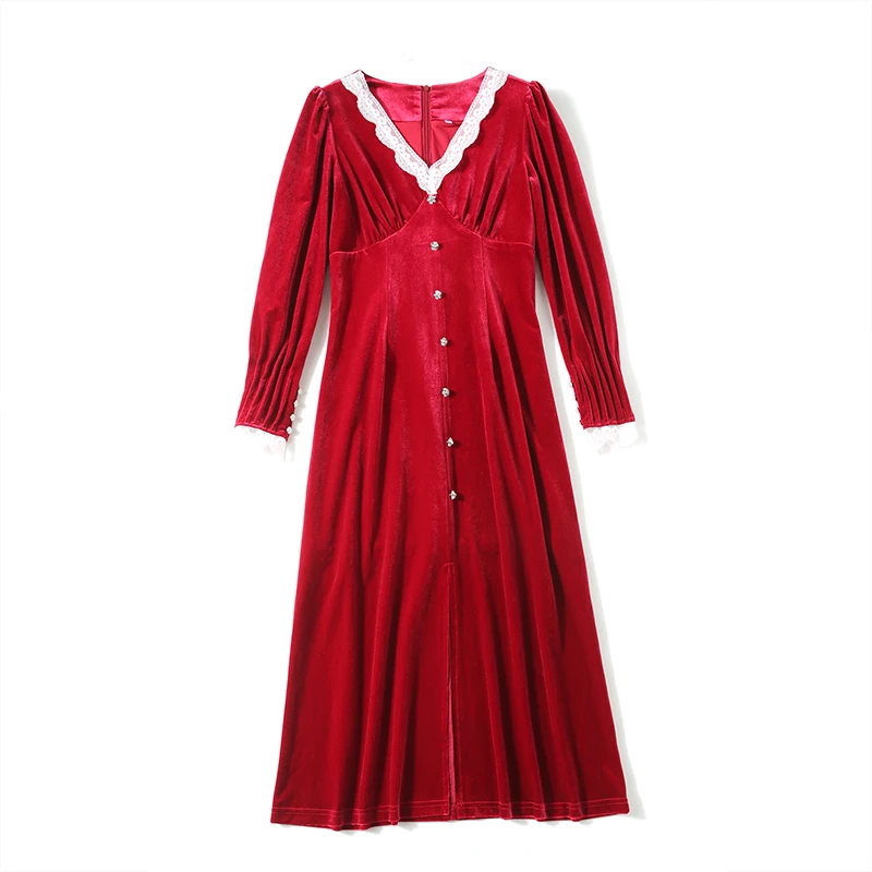 Winter Lace Stitching V-neck Red Gold Velvet Dress Women Long Sleeve Gothic Midi Christmas Party Robe Pull K8731 | Женская одежда