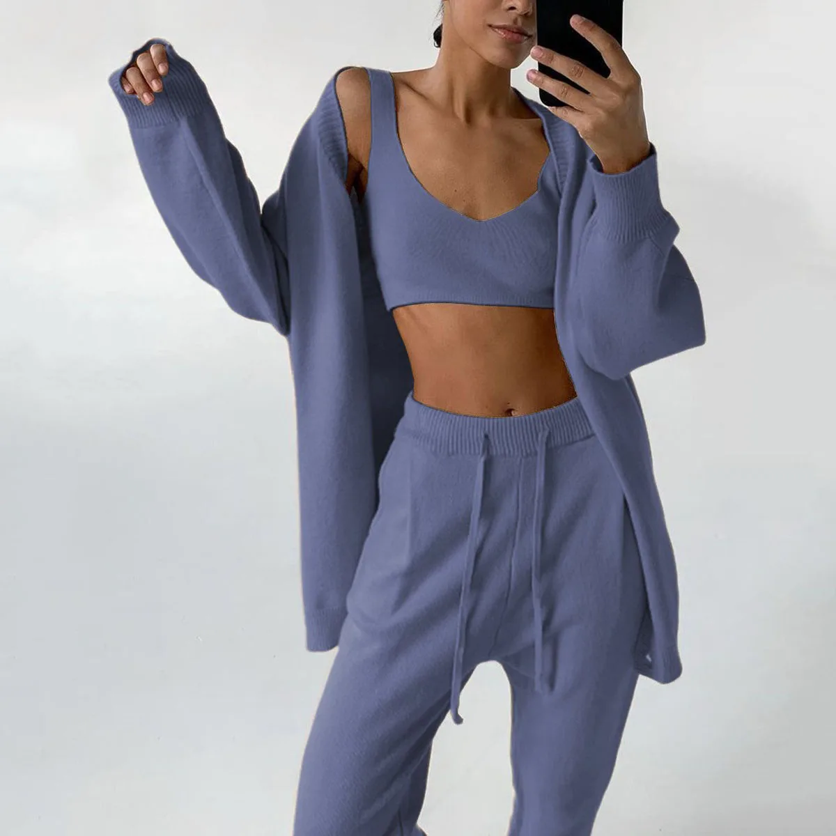 

Women Tracksuits Wives Casual Women's Clothing 2021 Spring Crop Tops Loose Cardigans Pants 3 Pieces Sets Female Knitwear Wear