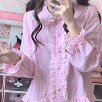 japanese lolita plaid shirt female new kawaii girl sweet cute doll collar long sleeve lolita inside blouse tops women 5 colors
