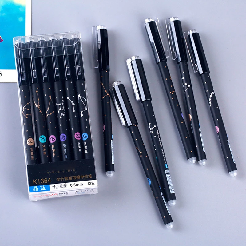

12 Constellations Erasable Gel Pen Blue Black Ink 0.5mm Washable Handle Kawaii Pens Refill Rods School Writing Tools Stationery