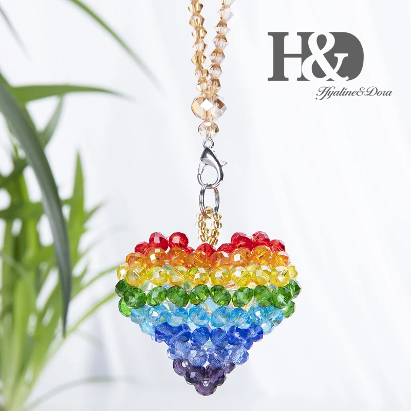 Rainbow Heart H&D, Висячие вязанные подвески для жениха и невесты, вязаные бусины Rondelle в форме сердца, украшение в виде утки, украшение сзади автомобиля, Хрустальная Призма, свадебный подарок - Цвет: Rainbow Heart