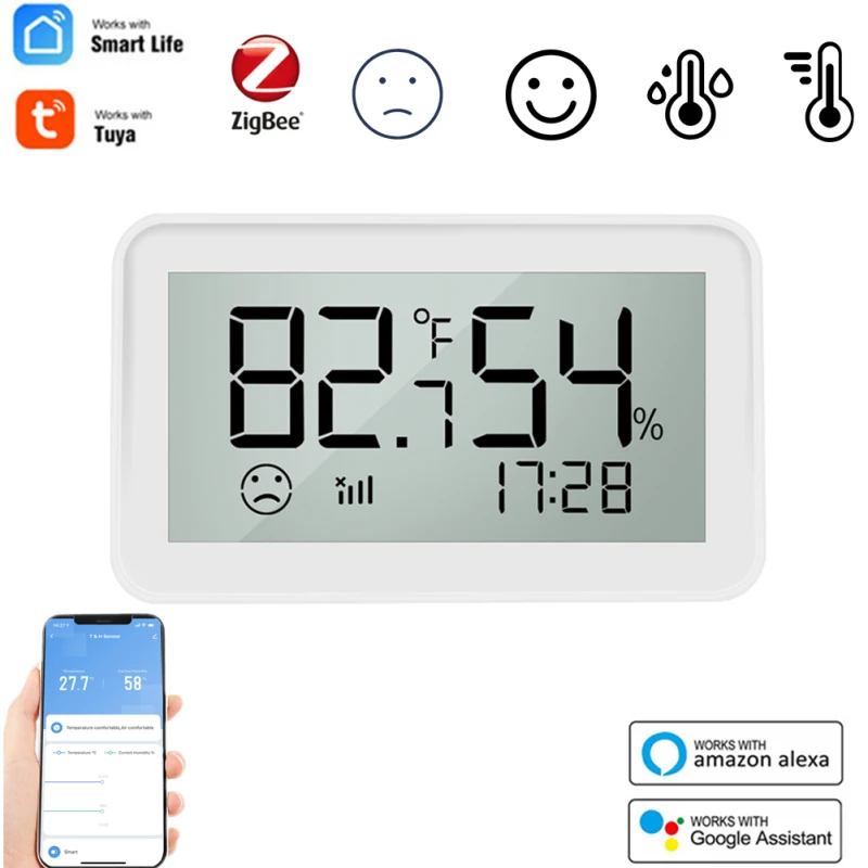 

Датчик температуры и влажности Tuya ZigBee для умного дома, комнатный гигрометр-термометр со светодиодным экраном, работает с Alexa Google