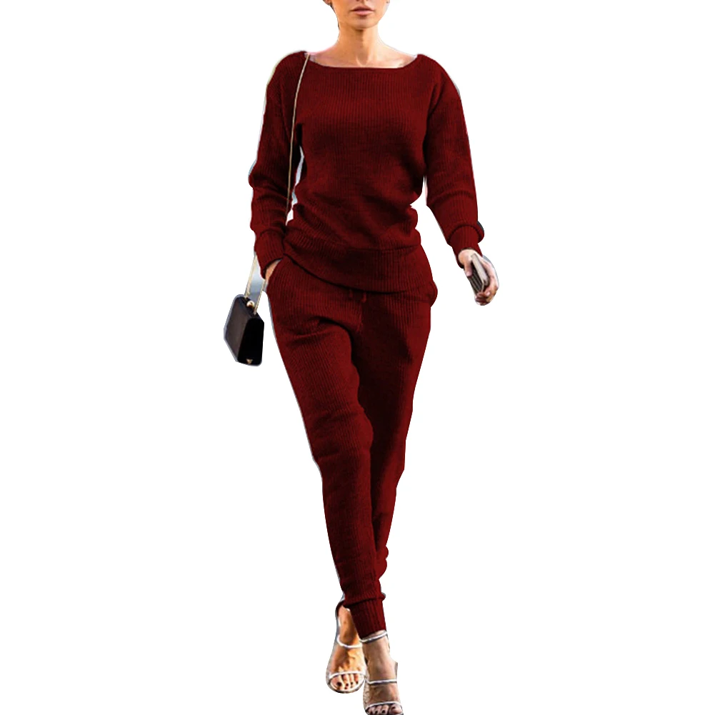 Хит 2 шт. спортивные женские костюмы однотонные с длинным рукавом вязаный джемпер