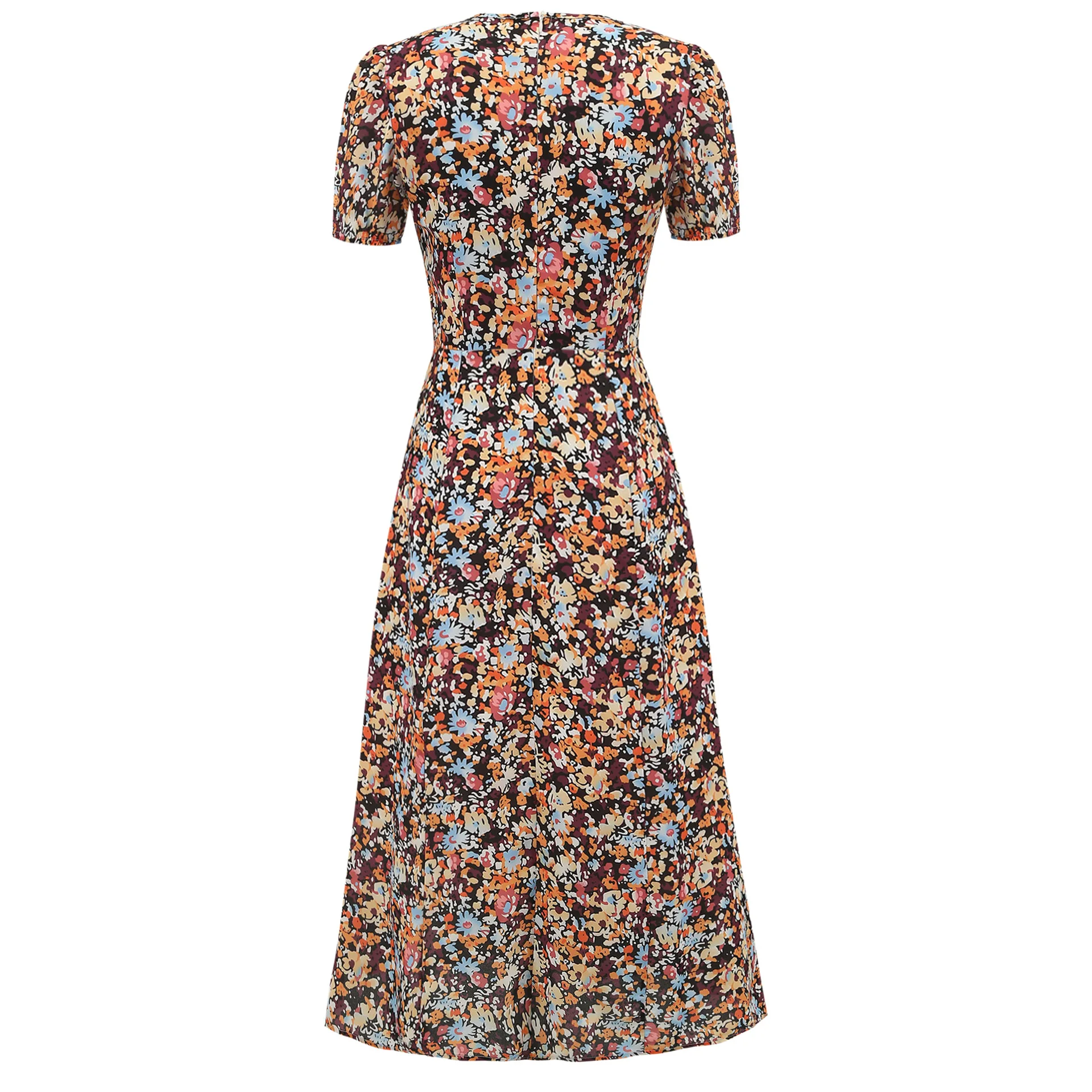 

SISHION Short Sleeve Floral Printed Long Dress VD2097 Square Neck Green Pink Split Left Women Dress robe femme