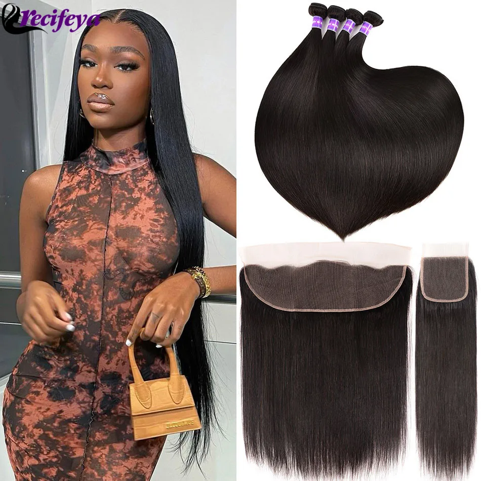 Peruvian Straight Hair Bundles With Frontal Bone Straight Human Hair Bundles With Closure Transparent Lace Frontal With Bundles