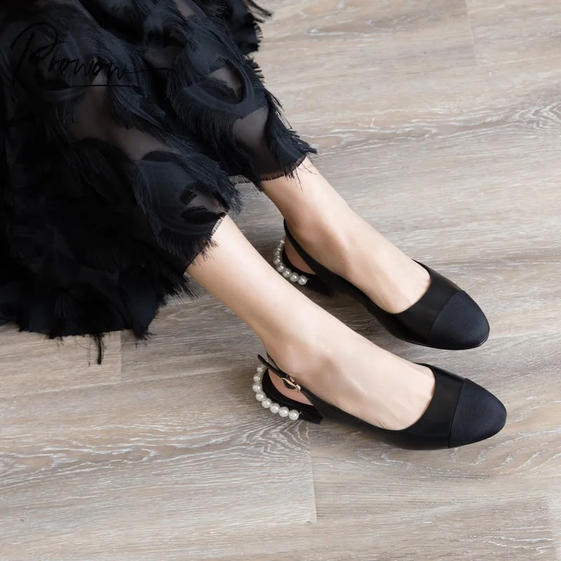 

Prowow Fashion New Black Women Summer Sandals Round Toe Pearls Buckle Strap Chunky Mid Heel Women Sandals Casual Shoes Woman